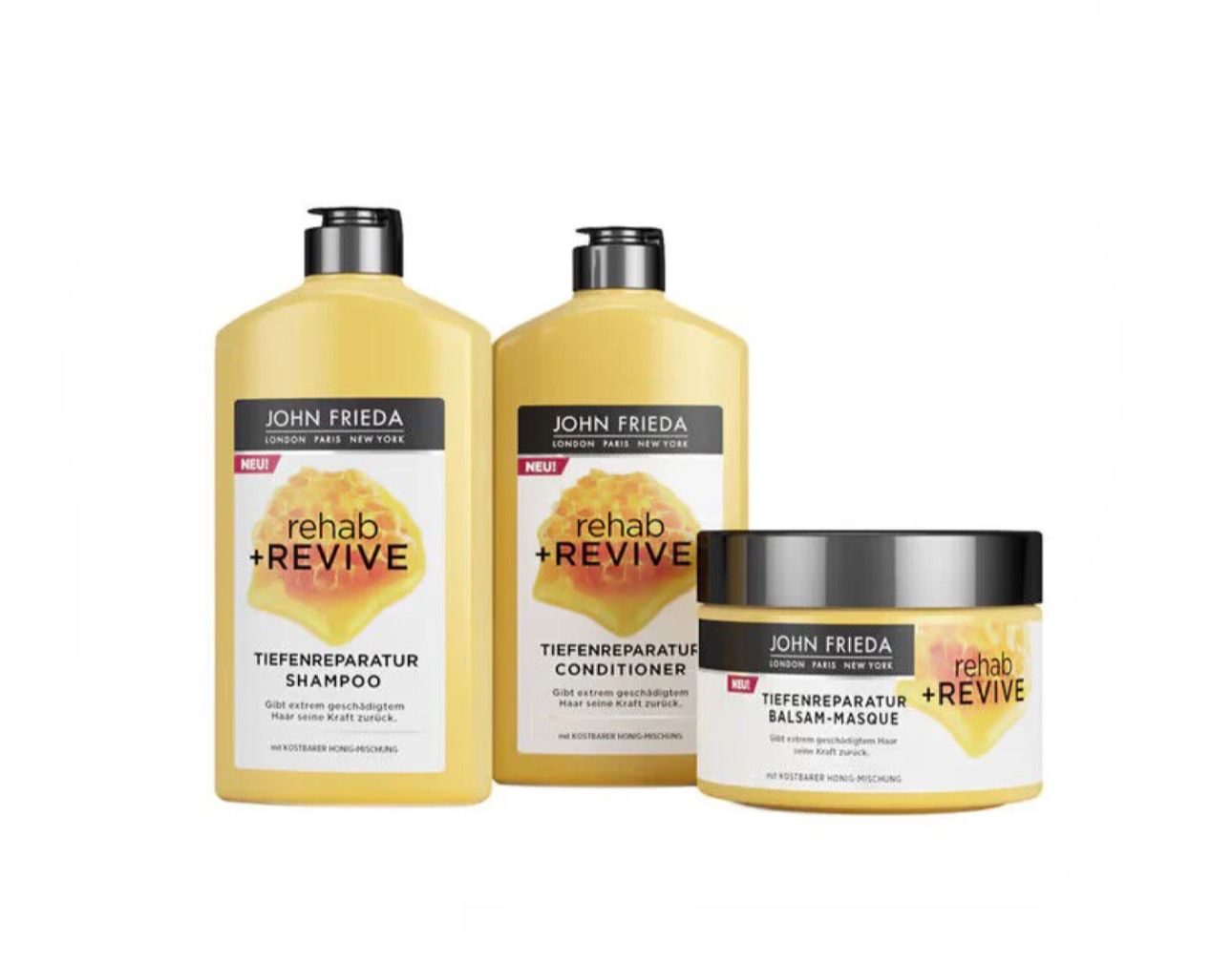 JOHN FRIEDA Rehab & Revive Deep Repair Shampoo/Conditioner/Balm (1pc. €1.80)